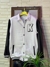 Load image into Gallery viewer, White and black Versity jackets with rexine sleeve
