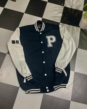 Load image into Gallery viewer, Black and White  Varsity™ Jacket with letter P
