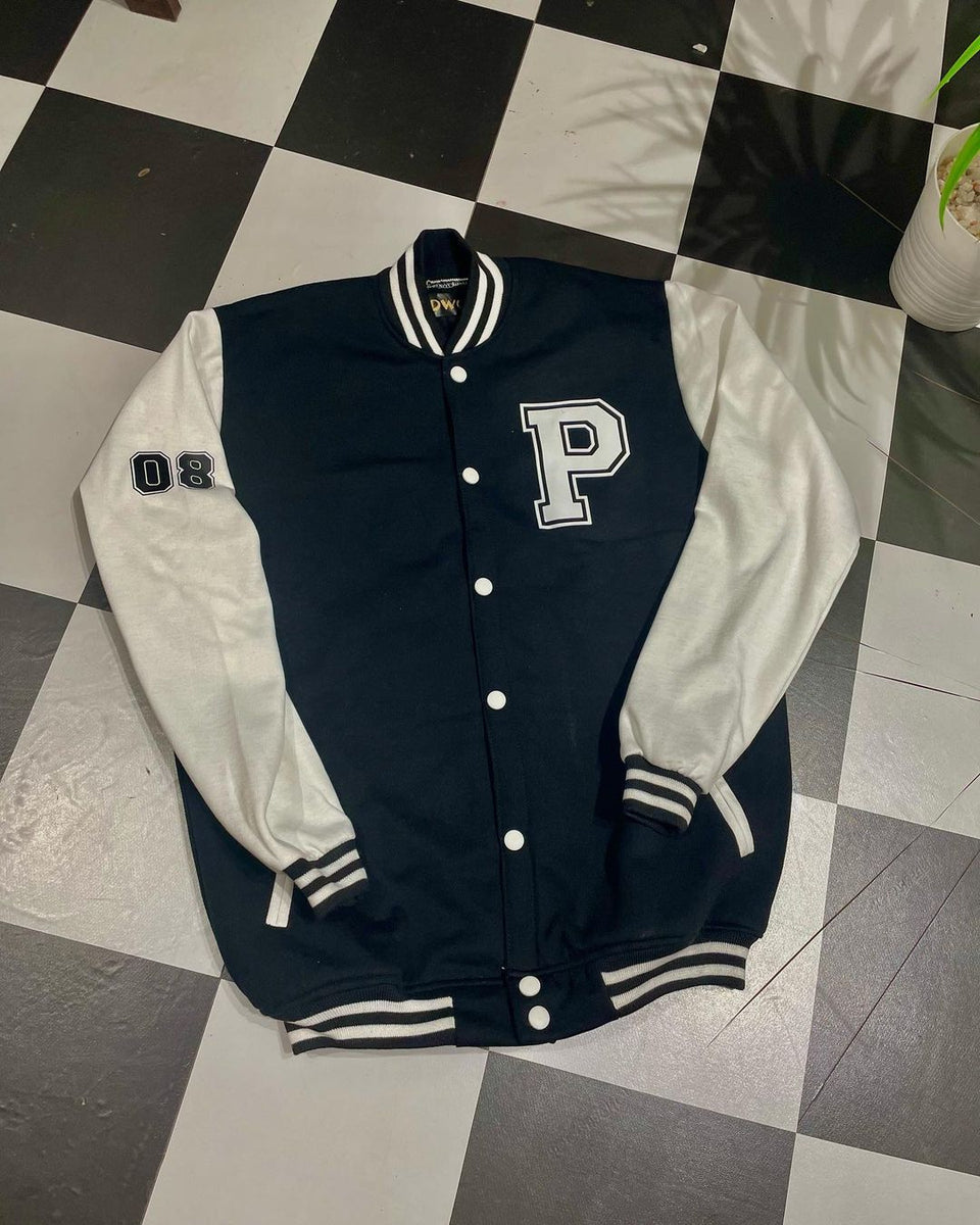 Black and White Varsity™ Jacket with letter P – You Design We Create (YDWC)